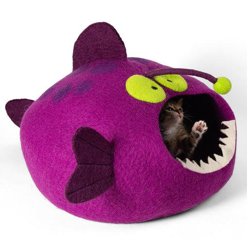 Handmade Wool Cat Cave Bed - Magenta Angler Fish