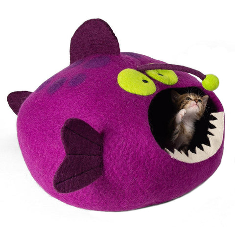 Handmade Wool Cat Cave Bed - Magenta Angler Fish