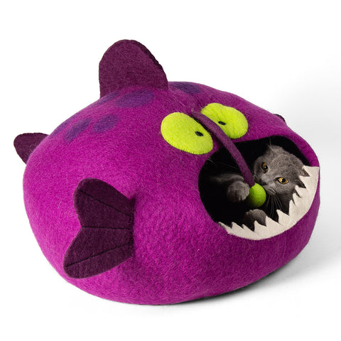 Handmade Wool Cat Cave Bed - Magenta Angler Fish
