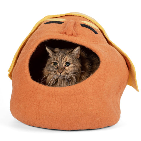 Handmade Wool Cat Cave Bed - Angry Orange