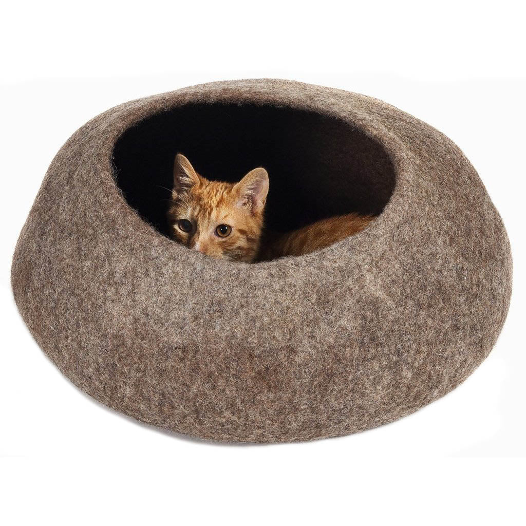 Handmade, 100% Wool, Pebble Brown Cat Cave Bed - TwinCritters