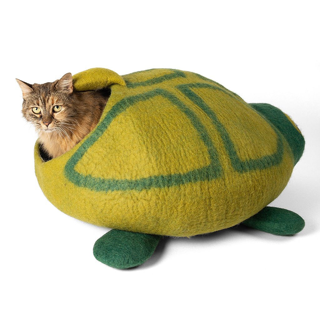 Handmade Wool Cat Cave Bed - Green Turtle